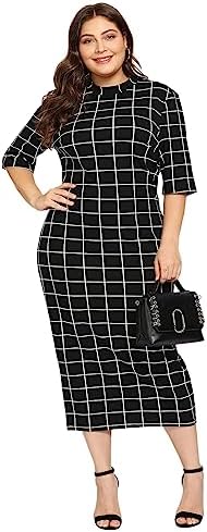 Floerns Women's Plus Size Half Sleeve Gingham Bodycon Business Pencil Dress Black White 2XL