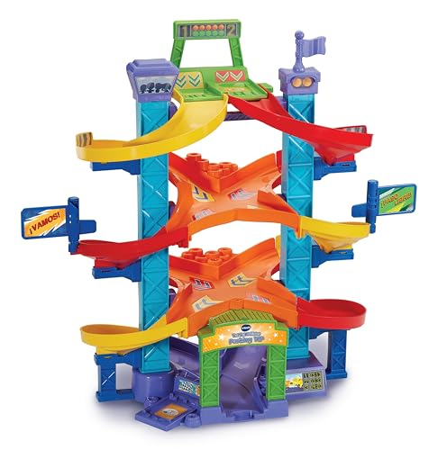 VTech - Parking VIP TutTut Bólidos, Circuitos, Pistas y playsets de Juguete, Aparcamiento Interactivo con Doble posición para lanzar los Coches en Carrera, Incluye Dos vehículos, Versión ESP