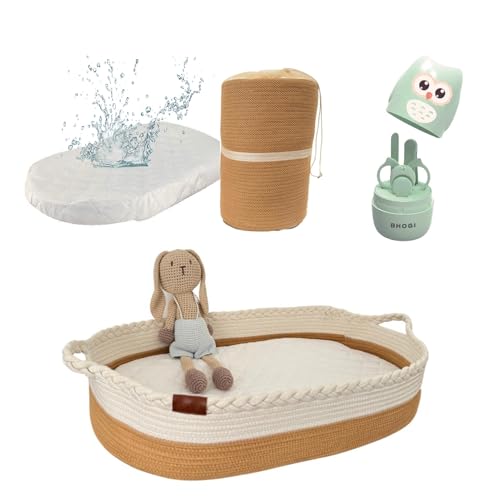 Image of Baby Changing Basket for Dresser Top - Handcrafted 100% Organic Cotton, Lightweight, Waterproof Cover, Raised Edges, Foam Mattress, Security Strap (White Beige) | Includes Baby Nail Clippers Kit