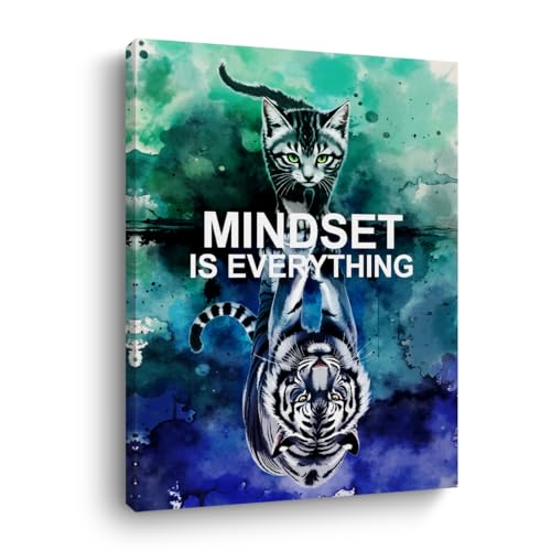 Mindset is Everything Motivational Canvas Wall Art, 11.4x15in Inspirational Quotes Framed Art Paintings Wall Decor Unique Cat Lover Gifts Prints Picture for Living Room Office Kitchen Decor