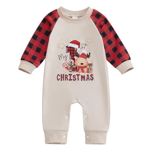 Image of FIOMVA My First Christmas Baby Boy Girl Outfit Infant One Piece Jumpsuit Newborn Christmas Romper Fall Winter Clothes