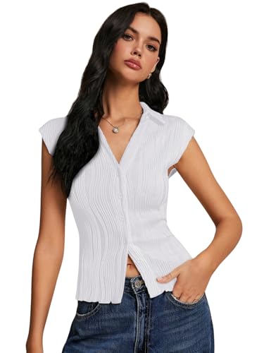 Image of GRECIILOOKS Korean Tees for Women | Tops for Woman | Collared Casual Summer Tops for Women Western | Knitted Top Button-Up Short Sleeve Crop Top |Summer Stylish Texture Korean Knit Tee