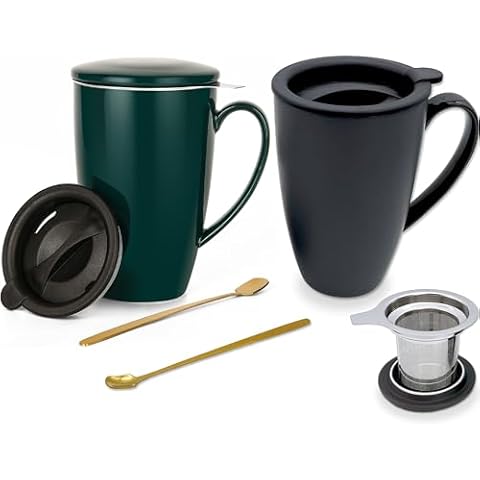 YumKubis 17oz Tea Cup with Infuser and Lid Set of 2, Loose Leaf Tea Infuser Mug, Tea Infuser Cup with Spoon & Silicone Lid Cover