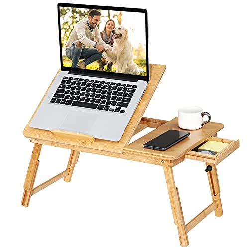 Tersework Bamboo Laptop Desk,Adjustable Portable Breakfast Serving Bed Tray Table with Drawer for Eating and Reading Ipad Computer Lap Desk