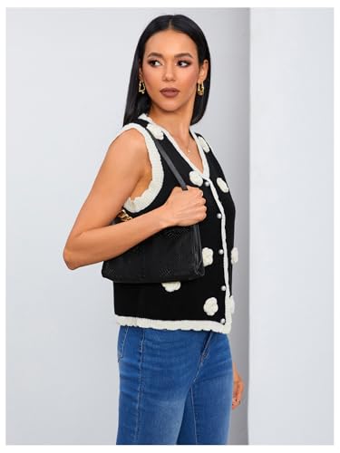 Image of MakeMeChic Women's 3D Floral Pearls Crochet V Neck Button Down Sleeveless Sweater Vintage Vest Knitwear Black Small