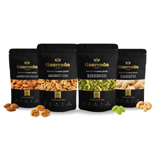 Image of GAURVEDA Premium Dry Fruits Combo: Akhrot Giri (Walnuts), Badam (Almonds), Kishmish (Raisins), Kaju (Cashews) (100 Grams Each, Akhrot + Badam + Kishmish + Kaju)