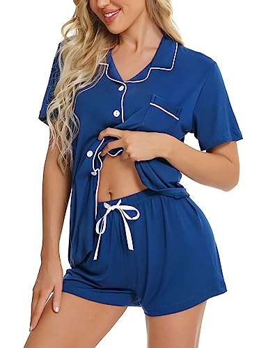 SWOMOG Pyjamas Set Short Sleeve Sleepwear Womens Button Down Nightwear Soft Pj Lounge Sets M Navy