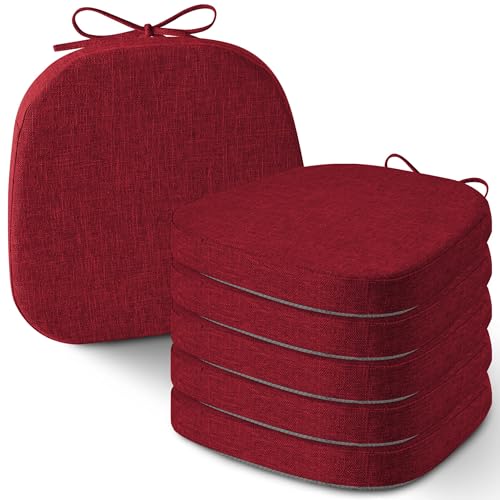 Image of AddGrace Set of 6 Chair Cushions for Metal Dining Chairs 14x14 Red | Non Slip,Washable Removable Cover with Ties, Textured, for Kitchen Dining Room Indoor, Hard Wooden Chairs, Family Gathering