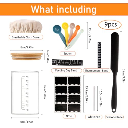 Sauerteig Starter Set, 900ml Glass Sourdough Starter Kit, Sauerteig Glas Behälter mit Silikonspatel, Thermometer, Datum Markiert Fütterung Band, Stoffabdeckung & Holzdeckel, Brot Backen Zubehör