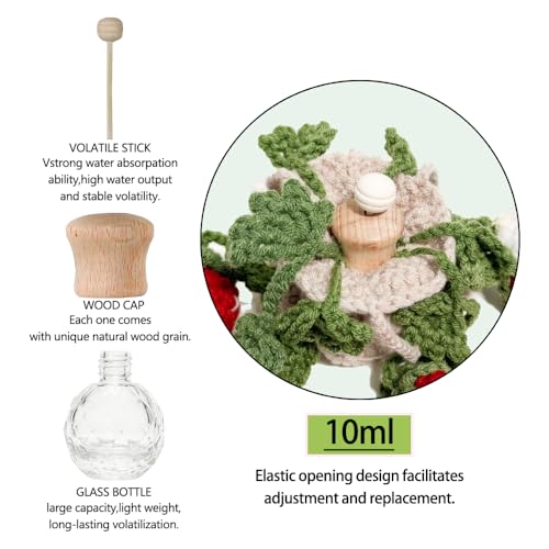 Image of Crochet Car Air Freshener Hanging, Cute Hanging Plant for Cars, Crochet Strawberry Plant with 10ml Empty Refillable Oil Diffuser Bottle, Handmade Boho Car Ornament Charms for Rear View Mirror, Red