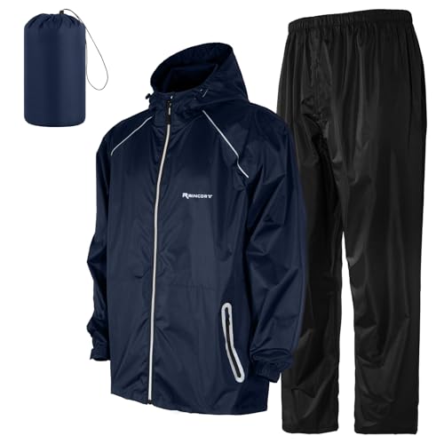 LAMA Waterproof Rain Suit Jacket & Trouser Suit Breathable Jacket with Pants 2 Pieces Rainwear with Hooded Reflective Strip Outdoor Anti-storm Rain Gear Unisex BL M