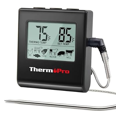 ThermoPro TP16 Large LCD Digital Meat Thermometer for Cooking, Smoking, Grilling, BBQ Food Temperature Indicator with Clock Timer and Stainless Steel Probe, Black