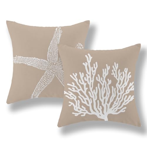 Coastal Pillow Covers 16x16 Inch Set of 2 Brown Tan Coral Starfish Throw Pillows Summer Nautical Beach Ocean Decorations Linen Pillowcase Outdoor Decor Farmhouse Cushion Case for Home Bedroom