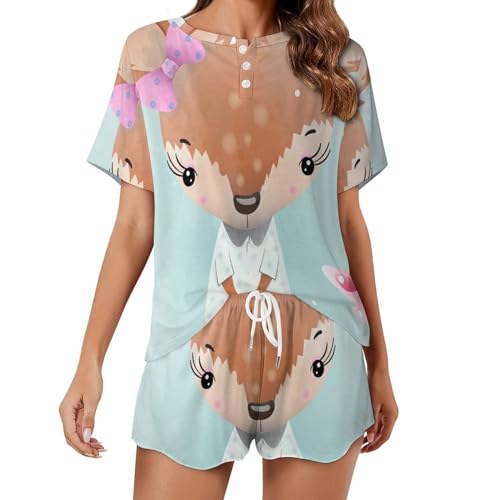Pyjama court femme motif cerf vêtement de nuit été léger