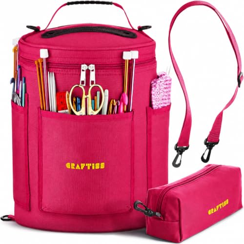 Image of CRAFTISS Crochet Bag Organizer & Yarn Storage Bag, Knitting Bag and Yarn Holder with Removable Divider, Holds Skeins, Hooks, Needles & Accessories, Crochet Gifts for Women (Fuchsia)