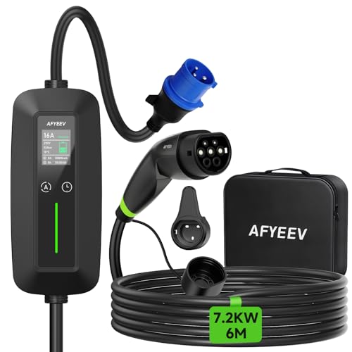 AFYEEV 6M Cargador Coche Electrico 7.2kW, Cargador de Coche Electrico con Corriente Regulable 6/8/10/13/16/20/24/32A, Negro (IEC 62196-2)