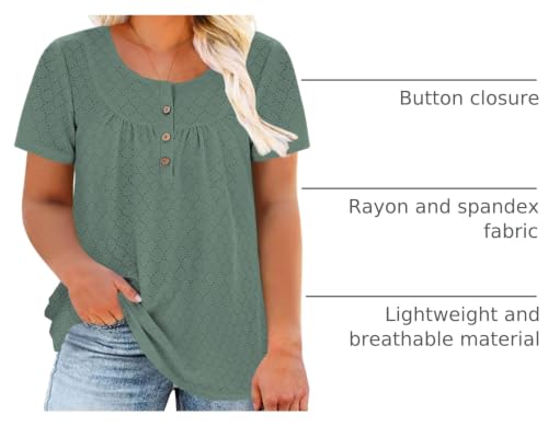 Image of VISLILY Womens-Plus-Size-Summer-Tops Buttons Up Henley Shirts Flowy Pleated Tunics Trendy Eyelet Short Sleeve Blouses