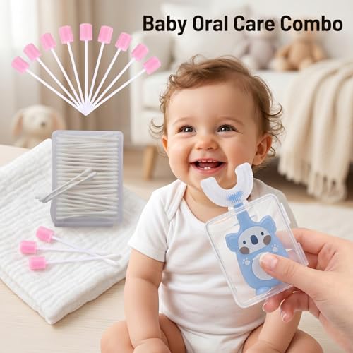 Image of Safe-O-Kid Baby Oral Care Combo | 1 U-Shaped Baby Finger Toothbrush with Storage Case, 1 Sponge Swab & 1 Mouth Cleaning Buds | BPA Free Infant Gum Cleaner & Newborn Oral Hygiene Kit - Assorted
