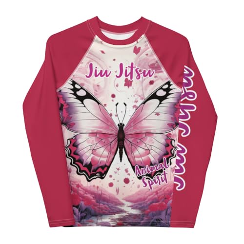 Generic Youth Girls No Gi Jiu Jitsu Rash Guard Butterfly Dark Pink