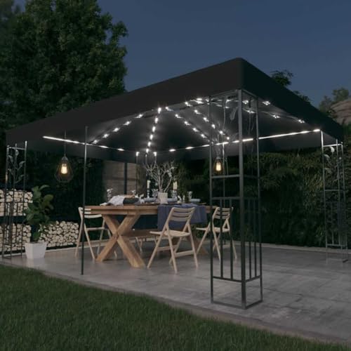 Cenador con techo doble y tira de luces LED, 3 x 4 m, antracita, repelente al agua, acero con recubrimiento en polvo, para jardín y terraza, funciona con sol, ideal para actividades al aire libre
