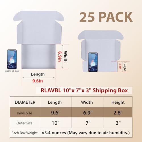 Image of RLAVBL 10x7x3 Shipping Boxes Set of 25, White Corrugated Cardboard Box for Packing, Mailing, Business