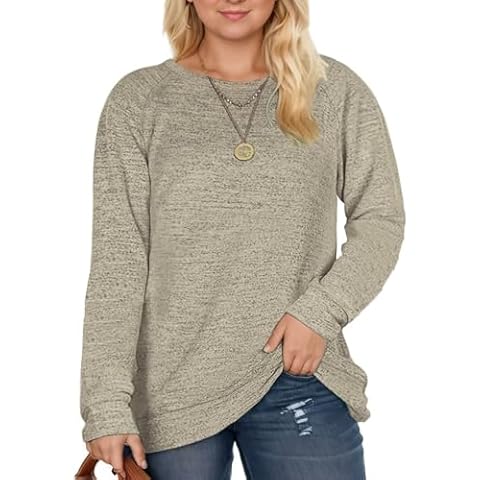 DOLNINE Plus Size Womens Sweatshirts Long Sleeve Round Neck Pullover Tops Khaki 20W Cover