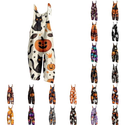 GAHIEDIM Halloween Overalls,Halloween Overalls For Women Sleeveless Pumpkin Print Rompers Adjustable Strap Baggy Casual Outfit Light Pink Large - image 1