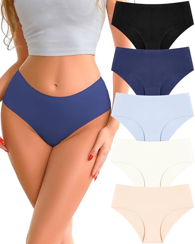Image of UNDER THE SEA Seamless Underwear for Women Plus Size Mid Rise Lingerie Brief Sexy No Show Panties Womens Cheeky 5 Pack XS-3XL