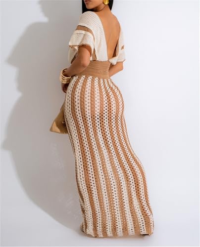 Women 2 Piece Outfits Knit Striped Hollow Out Short Sleeve Top Maxi Skirts Set4