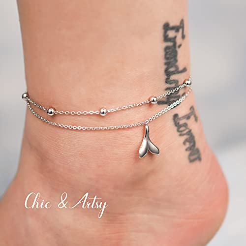 Chic & Artsy Tail Anklets 925 Sterling Silver Mermaid Tail Anklet Adjustable 11 Inches Boho Layered Foot Chain Whale Tail Anklet For Women Beach Double Chain Dolphin Tail Anklet #TOP1