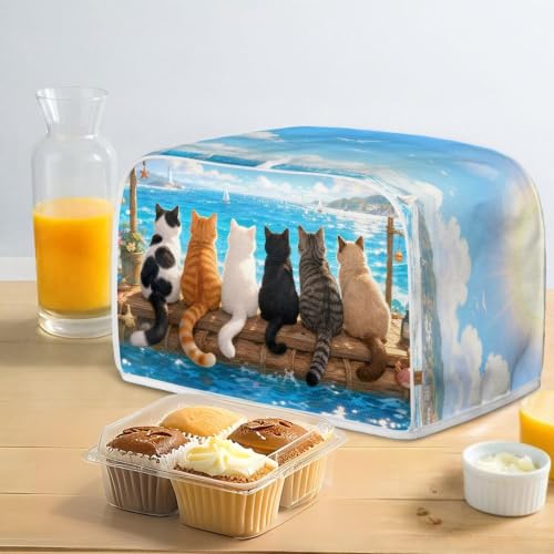 Image of Talayituse Cat Sea Beach Print 2 Slice Toaster Dust Covers Kitchen Small Appliance Cover, Stain Resistant Dust Protection Bread Machine Cover with Top Handle, S