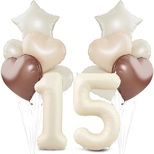 Beige Luftballon 15.Geburtstag Cremeweiß 15. Geburtstag Ballon Deko XXL 40 Zoll luftballon 15.Beige Aprikose Braun Herz Stern Folienballonsfür 15 Jahre Geburtstagsdeko Jubiläum Party Dekoration