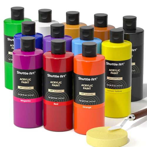 Image of Shuttle Art Acrylic Paint, 12 Colors Acrylic Paint Large Bottle Set, 473ml /16oz Each, Rich Pigments, High Viscosity, Bulk for Artists, Beginners and Kids on Rocks Crafts Canvas Wood