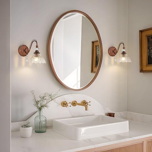 Image of 1 Piece Vintage Wall Sconce, 1-Light Matte Antique Red Bronze Finish Wall Sconce with Hanging Crystal Accents and Flower-Shaped Clear Shades for Bathroom Bedroom Living Room,Vintage Vanity Light