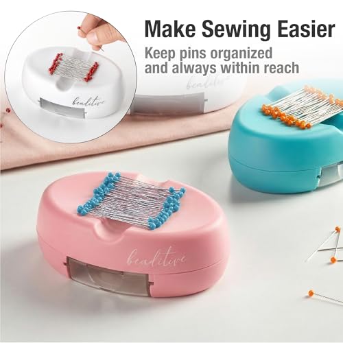 Image of Beaditive Magnetic Pin Cushion with Drawer - Strong Magnet Pin Holder Cushions for Sewing - 50 Glass Head Quilting Pins Included - Chic Pincushion Caddy for Sewing Pins, Paper Clips, Screws - Pink