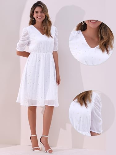 Image of Allegra K Chiffon Dress for Women's Metallic Stars Ruched Sleeve V Neck A-line Dress