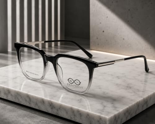 Image of Soft Square Optical Eyeglass Frame for Men & Women, Front with Metal Temples, Clear Demo Lenses, Lightweight Mixed Material Frame, Ribbed Temple Design for Prescription Lens Replacement