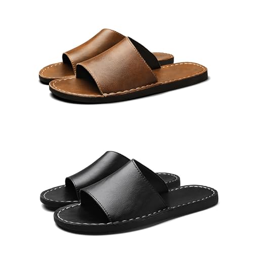 Men'S Genuine Leather Flat Slides Sandals Fashion Round Open Toe Slip On Soft Bottom Men Beach Sandals Summer Beach Parties Prom Leisure Slippers4