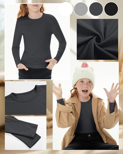 Image of 4 Pack Girls Long Sleeve Shirts Ribbed Knit Cotton Crewneck Tops Slim Fit Soft Casual Kids Base Layer Undershirts