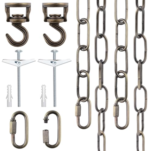 INCREWAY 1 juego de cadena de lámpara, gancho de bronce vintage y juego de cadena de luz colgante, kit de gancho giratorio para techo con cadena colgante ajustable para cesta de flores colgante de