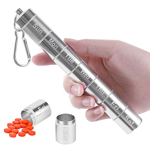 MYCreator Pillendose für die Woche, tragbar, Aluminiumlegierung, 7 Tage, wasserdicht, 7 Fächer, Medikamenten-Organizer, Reise-Pillenflasche, Pillenbehälter mit Schlüsselanhänger und Karabiner (1) Cover