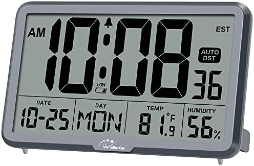WallarGe Auto Set Digital Wall Clock Battery Operated,Desk Clocks with Temperature,Humidity and Date,Large Display Digital Calendar Alarm Clock for Elderly,Bedroom,Office,8 Time Zone, Auto DST.