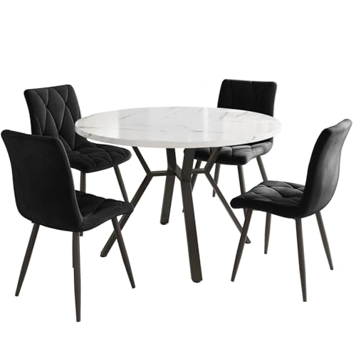 KOMHTOM Ensemble Table et 4 Chaises Salle à Manger - Table Ronde avec Plateau en MDF Structuré Marbre et Pieds Métal, Chaises en Velours pour Salon, Dîner Moderne...