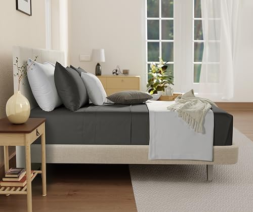100% Cotton Sheets King Size Sheets Set with Fitted Sheet & Pillowcase Sets, Sateen Weave 4 piece Deep Pocket King Sheet Set, Soft & Comfy Naturally Cool Luxury Bedding- Charcoal - Thumbnail 2