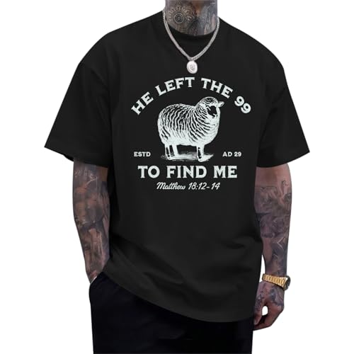 Weripoah He Left The 99 to Find Me Shirt Men Christian Graphic T-Shirts Jesus God Faith Shirts Religious Bible Verse Tees Top(Black,L)
