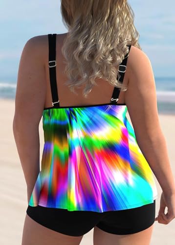 Haloumoning Plus Size Swimsuit for Women with Swim Shorts Two Piece Bathing Suits Tankini Tie Dye Print Tank Tops Swimwear3