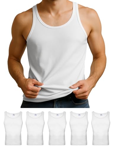 ALPIDEX Pack de 5 Camiseta de Tirantes para Hombre 100% Algodón Camisetas Interior, Tamaño:L, Color:Blanco
