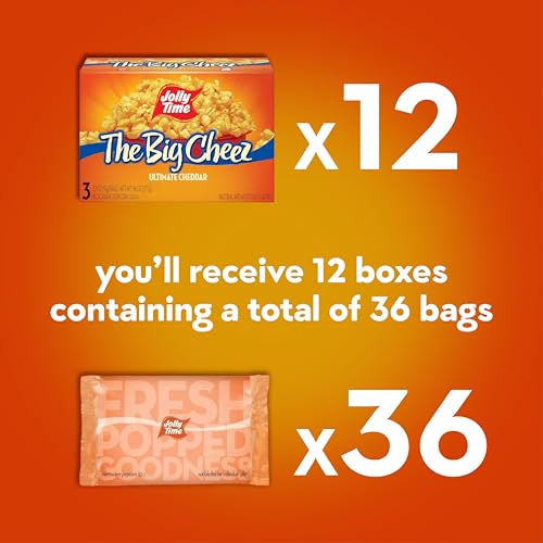 Jolly Time The Big Cheez, Cheddar Cheese Microwave Popcorn, 3.2oz Sharing Bag, 3 Bags Per Carton (The Big Cheez, 3.2 Ounce (Pack of 36))