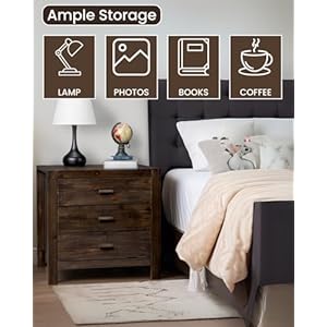 Karl home farmhouse nightstand with charging station solid pine wood 3 drawer night stands for bedroom bedside table with 2 usb ports 2 ac outlets vintage end tables brown  urban country home decor