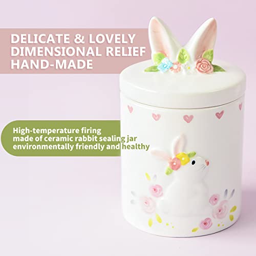 Aizoevcn Flowers Rabbit Embossed Small Ceramic Cookie Jar 180Ml, 3 "W X 4.8 "H Handmade Cute Print Candy Jars, Vintage Decorative Cookie Jars For Kitchen Counter. #TOP2